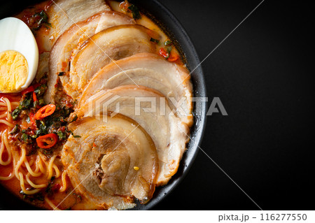Ramen Noodles Spicy Tomyum Soup with Roast Pork 116277550