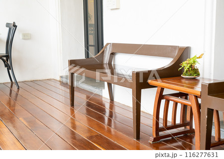 wood bench with white wall background 116277631