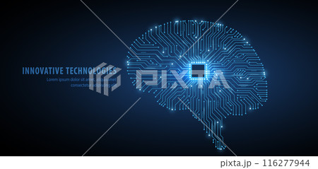 Brain-shaped circuit board with chip. Artificial intelligence, Digital memory 116277944
