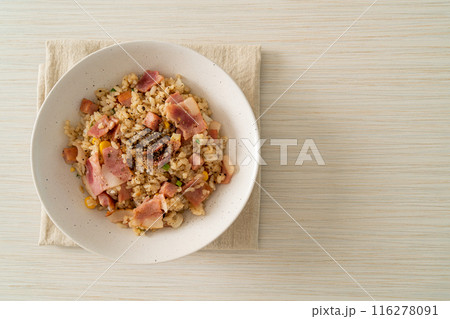 fried rice with bacon ham and black peppers fried rice with bacon ham and black peppers 116278091