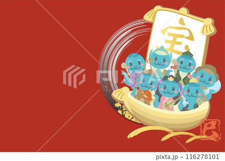年賀2025　はがきテンプレート　フレーム　七福神　宝船　巳年　巳　へび年　かわいい　背景　イラスト 116278101