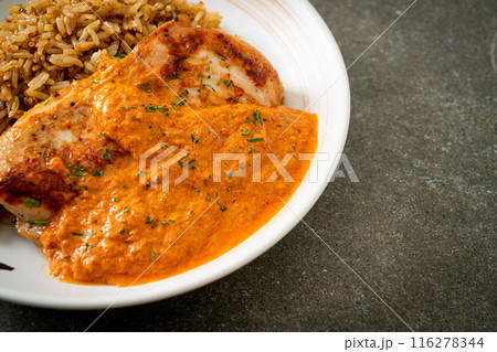 grilled chicken steak with red curry sauce and rice 116278344