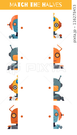 Match the halves. Vector vertical template of childish educational game. Connect the halves of cyborg toys. Find the correct half 116278453
