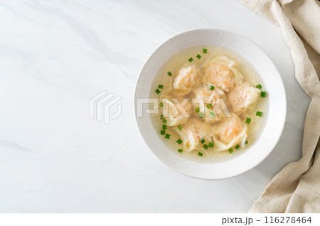 shrimp dumpling soup in white bowl 116278464