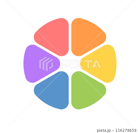 Circle division infographic icon. Pie chart divided six equal parts. Sectors with rounded corners icon. Color infographic flower round diagram. Vector illustration isolated on white background Circle division infographic icon. Pie chart divided six equal parts. Sectors with rounded corners icon. Color infographic flower round diagram. Vector illustration isolated on white background 116278658