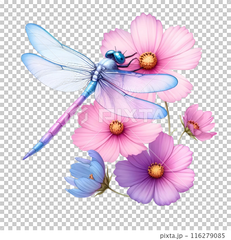3d dragonfly with cosmos flowers  116279085