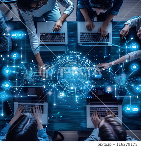 Graphic of modern working place combine AI and human work together. 116279175