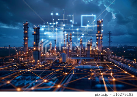 Graphic of cloud technology overlay on huge oil and gas refinery in modern theme. Graphic of cloud technology overlay on huge oil and gas refinery in modern theme. 116279182