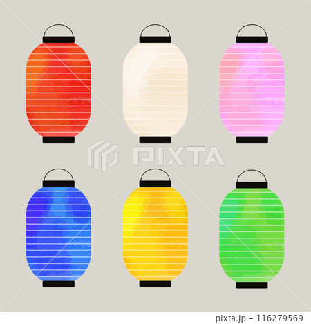 カラフルな長提灯　イラスト素材セット（水彩風ベクター） 116279569