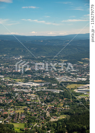 Aerial view of the city of Liberec in Czech republic from the peak of Jested mountain and famous Jested tower 116279779