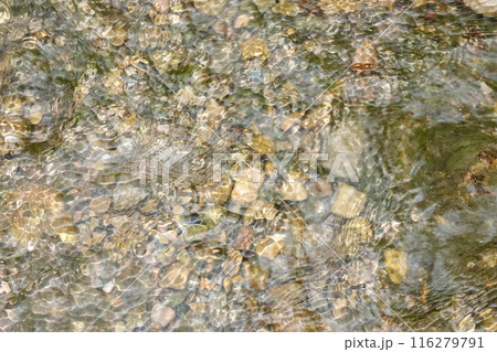 Waterfall stream close-up view from above clear flowing stream over ground gravel and stones. 116279791
