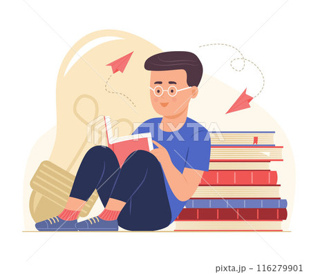 Cute Student Boy Sit Near Stack of Books and Reading a Book for Education Concept Illustration 116279901