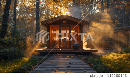 Outdoor wooden sauna house among forest trees, steam rising. Wellness, biohacking, healthy lifestyle 116280148