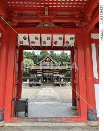 朱色の鳥居が並ぶ参道　滋賀県甲賀市　大鳥神社　 116280420