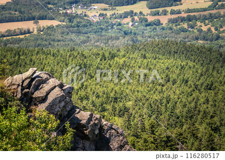 Scenic landscape of northern Czech republic, view from the peak of Jested mountain near Liberec Scenic landscape of northern Czech republic, view from the peak of Jested mountain near Liberec 116280517
