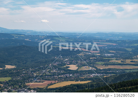 Scenic landscape of northern Czech republic, view from the peak of Jested mountain near Liberec 116280520