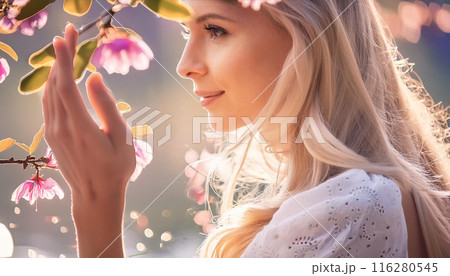 お花を愛でる若い女性 116280545