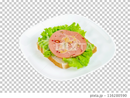 bologna sliced with bread and lettuce leaf isolated 116280590