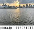 夕日に照らされる東京湾と遠くに見えるビル群 116281215