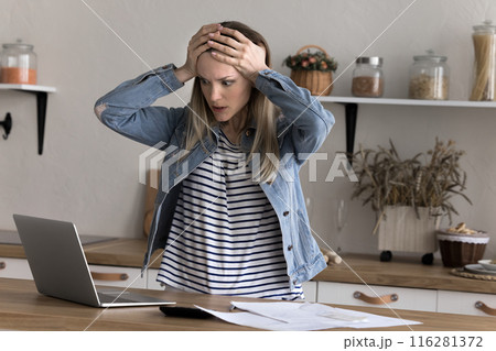 Young woman feels stressed due to financial problems 116281372