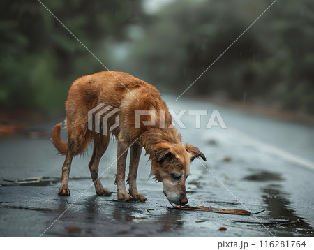 A brown dog stands on the street thin and soaked. A brown dog stands on the street thin and soaked. 116281764
