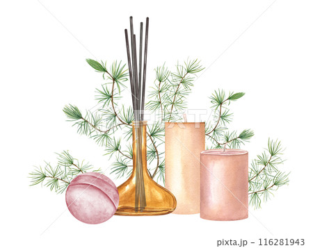 Diffuser with reed sticks, scented candles, lavender bath bomb, green botanical evergreen. Aromatherapy, relaxing spa ambience. Watercolor illustration isolated on white. For calmness and rejuvenation 116281943