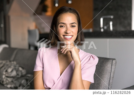 Happy beautiful young 20s Caucasian woman posing for portrait 116282026