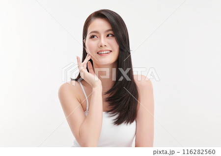 Beautiful young asian woman with clean fresh skin on white background, Face care, Facial treatment, Cosmetology, beauty and spa, Asian women portrait. 116282560