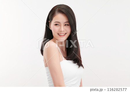 Beautiful young asian woman with clean fresh skin on white background, Face care, Facial treatment, Cosmetology, beauty and spa, Asian women portrait. Beautiful young asian woman with clean fresh skin on white background, Face care, Facial treatment, Cosmetology, beauty and spa, Asian women portrait. 116282577