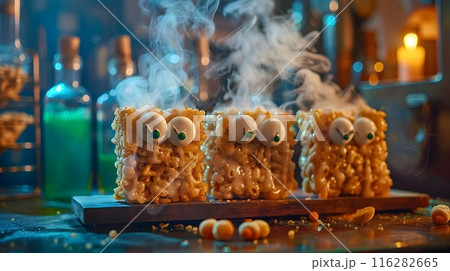 Frankenstein Rice Krispie Treats in a Quirky Science Lab with Colorful Potion Backdrop Frankenstein Rice Krispie Treats in a Quirky Science Lab with Colorful Potion Backdrop 116282665