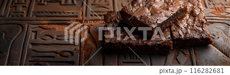 Mysterious Mummy Brownies on Ancient Egyptian Backdrop with Hieroglyphs 116282681