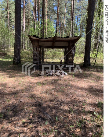 Rustic wooden shelter in a pine forest with a prepared stone campfire pit inside the shelter. Rustic wooden shelter in a pine forest with a prepared stone campfire pit inside the shelter. 116282754