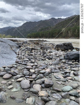 Pebbles and Stones by Riverbank with Mountains and Forest in Background 116282787