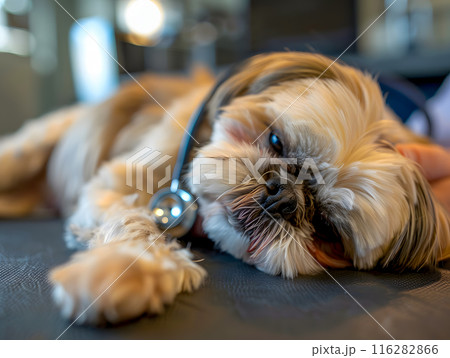 A small sick white and brown Shih Tzu dog is lying on an examination table at a veterinary hospital. 116282866