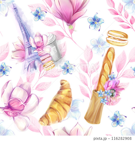 Seamless pattern on the theme of Paris, pastries, the Eiffel Tower in a watercolor style. Spring floral pattern. Ideal for textiles, scrap, wrapping paper 116282908