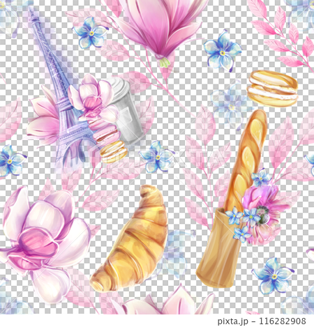 Seamless pattern on the theme of Paris, pastries, the Eiffel Tower in a watercolor style. Spring floral pattern. Ideal for textiles, scrap, wrapping paper 116282908