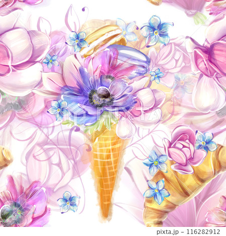 Seamless pattern on the theme of French breakfast, bakery, macarons, magnolia croissant in a watercolor style. Romantic floral pattern. Ideal for textiles, scrap, wrapping paper 116282912