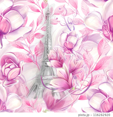 Seamless pattern magnolia and eiffel tower in a watercolor style. Romantic floral french pattern. Ideal for textile, industrial, scrap, packaging paper 116282920