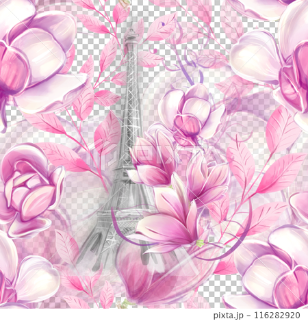 Seamless pattern magnolia and eiffel tower in a watercolor style. Romantic floral french pattern. Ideal for textile, industrial, scrap, packaging paper 116282920