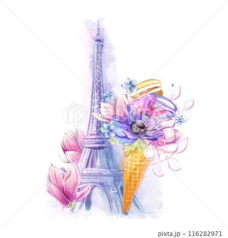Spring watercolor illustration with eiffel tower and magnolias. Ideal for poster, postcard, invitation, banner. French romance, clipart 116282971