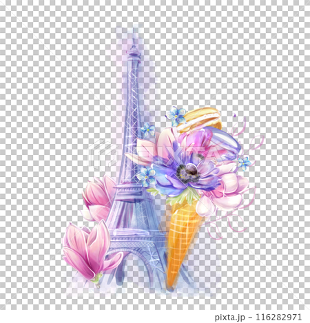 Spring watercolor illustration with eiffel tower and magnolias. Ideal for poster, postcard, invitation, banner. French romance, clipart 116282971