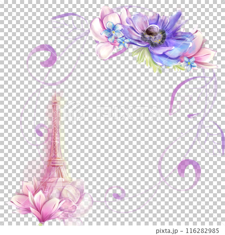 Watercolor round frame with eiffel tower and spring flowers, magnolias. Romantic Parisian design 116282985