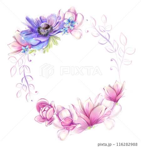 Floral round frame with anemones, magnolias. French romance, clipart. Pink and blue flowers in a watercolor style 116282988