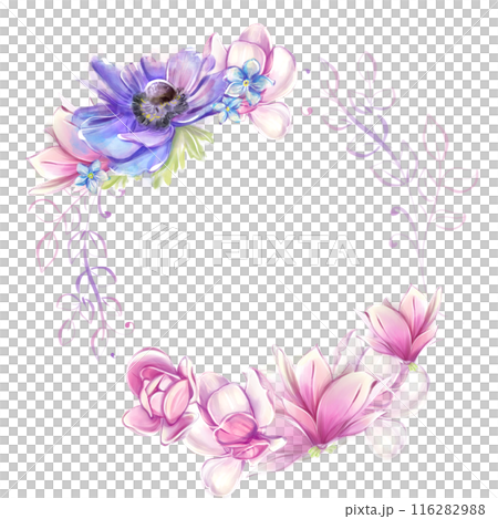 Floral round frame with anemones, magnolias. French romance, clipart. Pink and blue flowers in a watercolor style 116282988