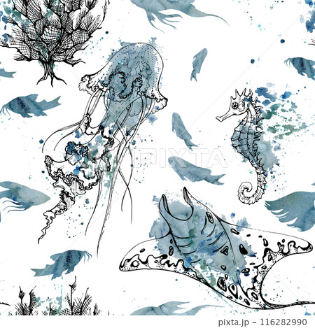 Watercolor and ink hand drawn marine life, sea ocean underwater creatures. fish, shells algae seaweed. Seamless pattern illustration, stylized, isolated on white. Zoo shop, aquarium, cosmetics, resort 116282990