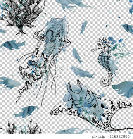 Watercolor and ink hand drawn marine life, sea ocean underwater creatures. fish, shells algae seaweed. Seamless pattern illustration, stylized, isolated on white. Zoo shop, aquarium, cosmetics, resort 116282990