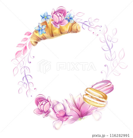 Floral round frame with macarons and croissant. Ideal for bakery shop, bakery design, menu. French romance, watercolor clipart Floral round frame with macarons and croissant. Ideal for bakery shop, bakery design, menu. French romance, watercolor clipart 116282991