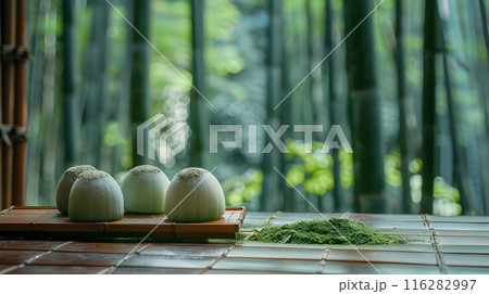 Traditional Japanese mochi Dessert on Bamboo Forest Backdrop Traditional Japanese mochi Dessert on Bamboo Forest Backdrop 116282997