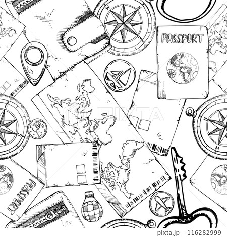 Old leather vintage wallet, world passport id document, ticket coupon permit key, compass. Vector ink hand drawn art. Seamless pattern. Design for tourism, travel, brochure, wedding, guide, print. Old leather vintage wallet, world passport id document, ticket coupon permit key, compass. Vector ink hand drawn art. Seamless pattern. Design for tourism, travel, brochure, wedding, guide, print. 116282999