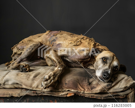 A dog lying on a worn cushion, suffering from a severe case of mange. Its skin is thickened. 116283005
